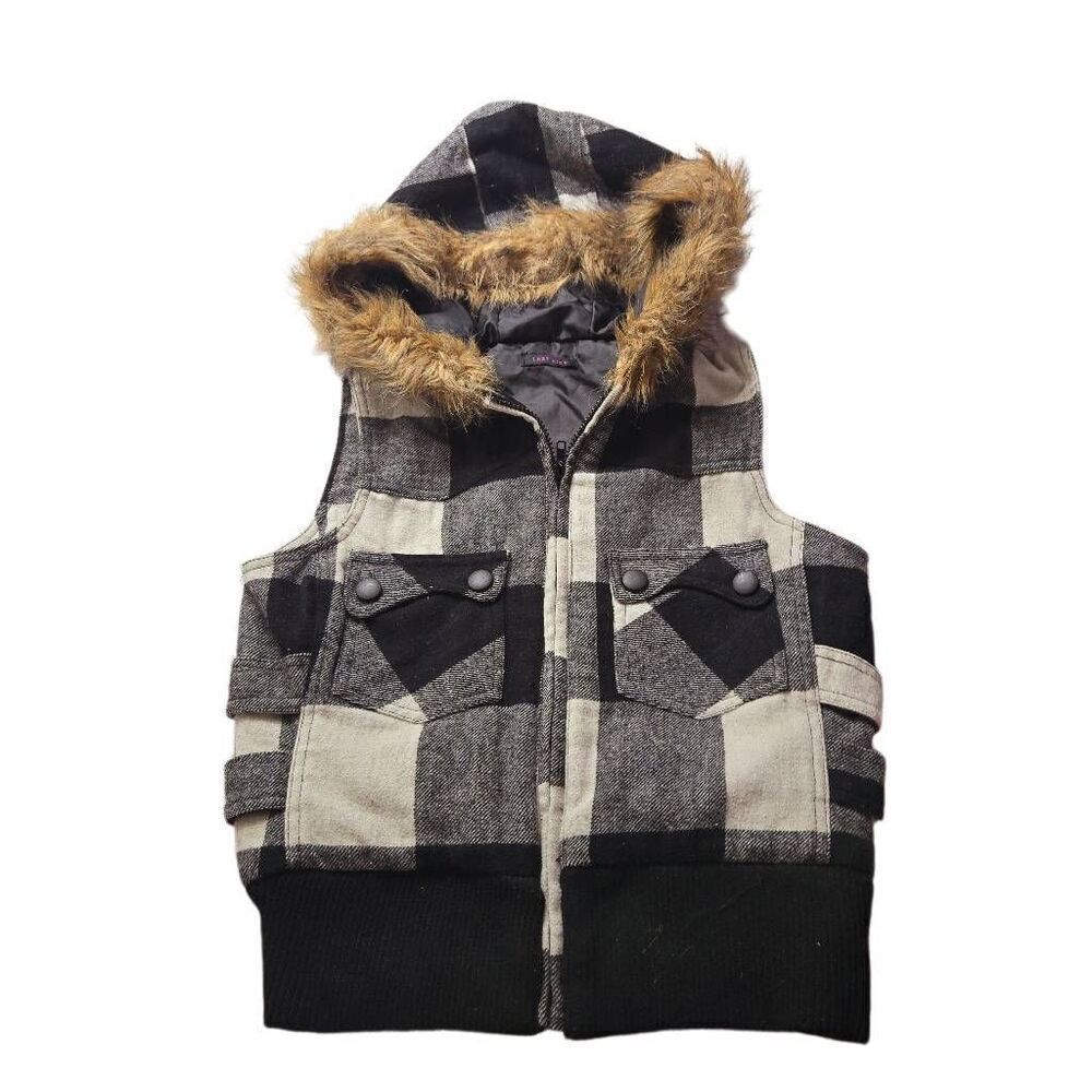 Last Kiss plaid vest with faux fur lined hood S